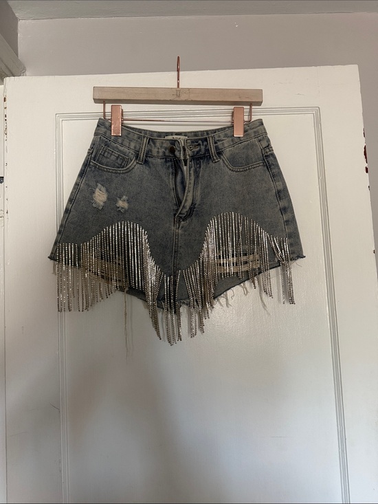 Pants - Distressed Denim Fringe Shorts with Rhinestone Chains NWT